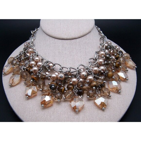 EL Erica Lyons Brown Faceted Glass Beads Necklace Faux Pearls Silver Tone Adjust - Picture 2 of 6